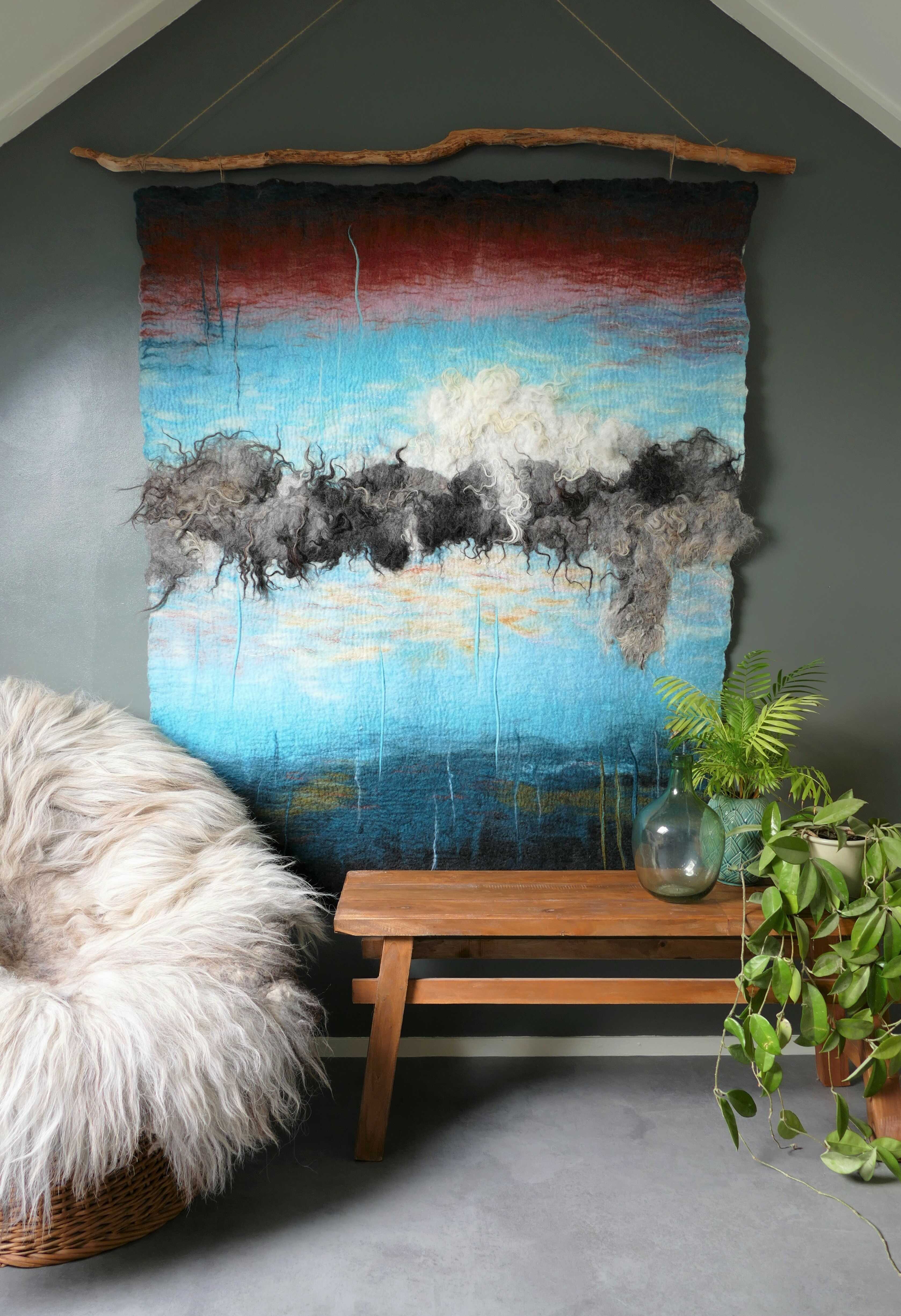 Wandkleed vilt met verschillende soorten wol en zijde - Avondrood