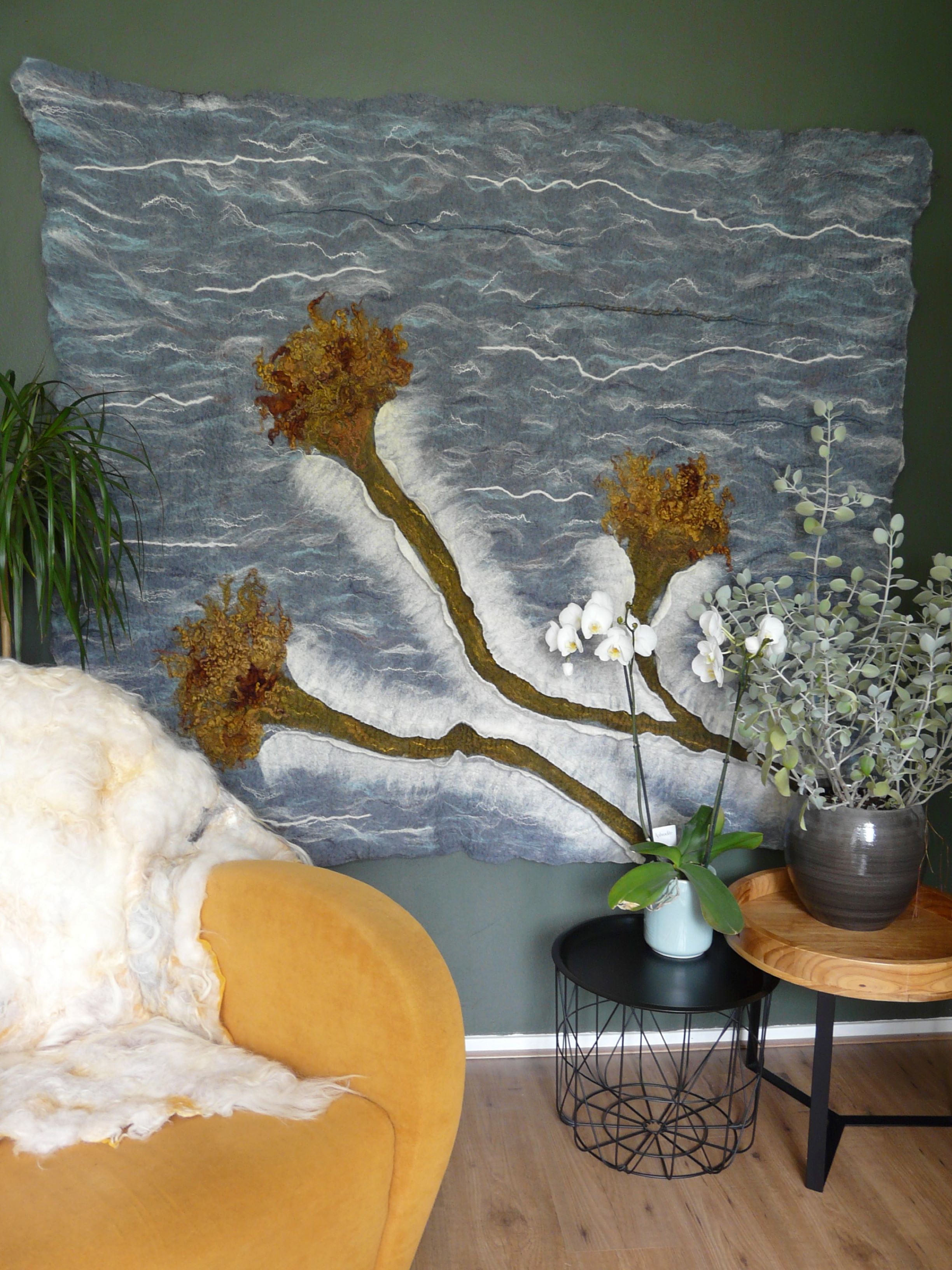 Wandkleed van vilt met verschillende soorten wol en zijde - Coral Sea